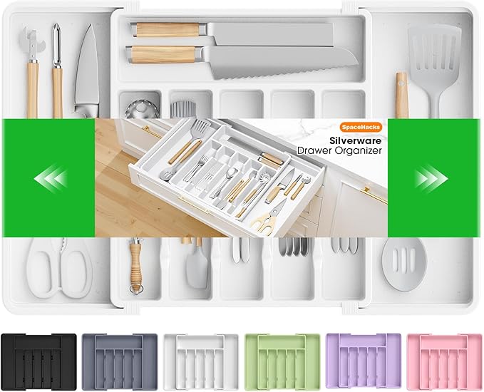 Silverware Organizer，Adjustable & Expandable Utensil Drawer Organizer, BPA Free Utensil Holder, Cutlery Tray for Forks, Spoons, Knives in Kitchen, Large, White