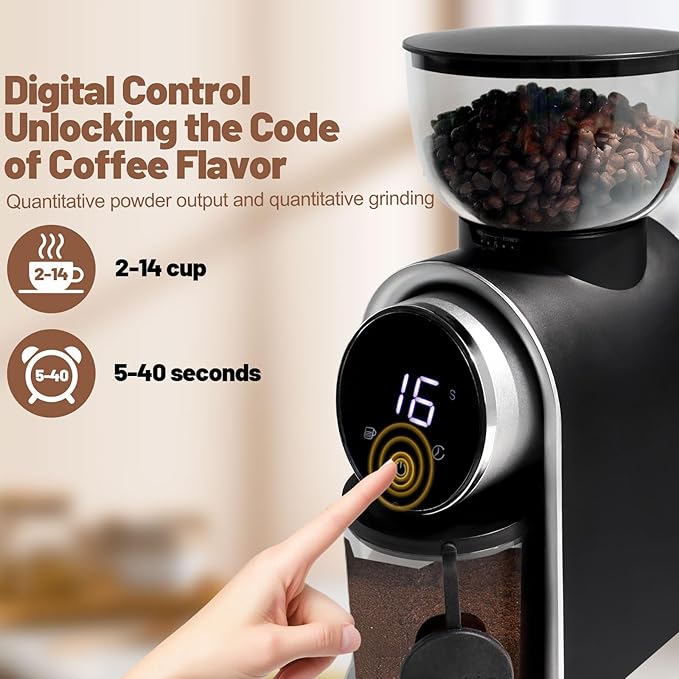 Electric Coffee Grinder Touchscreen 2-14 Cup Conical Burr Coffee Grinder with 25 Grinding Settings Cleaning Brush Grindable Espresso Drip Coffee French Press for Home Use 110V Black