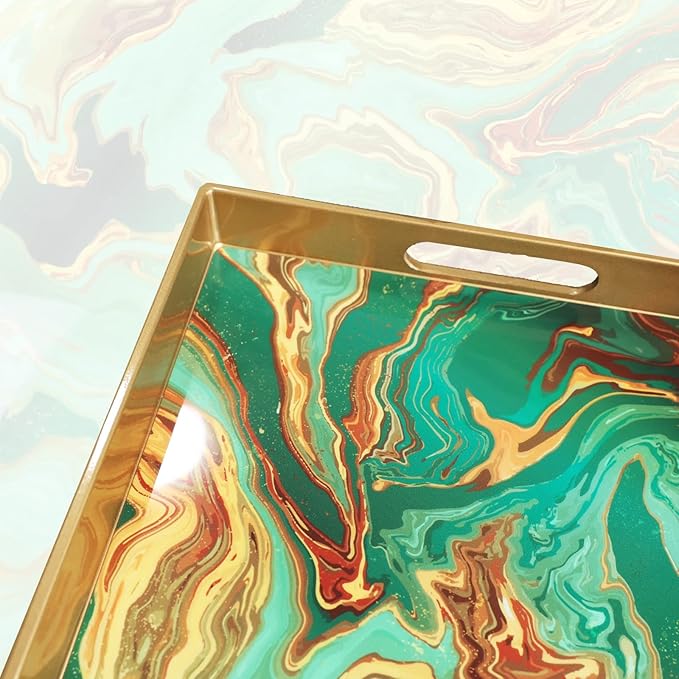 Green Marbling Decorative Tray with Handles, Morden Plastic Rectangular Serving Tray for Coffee Table Bathroom, Ottoman, Home Decor, 15.7"* 10.2"* 1.38"