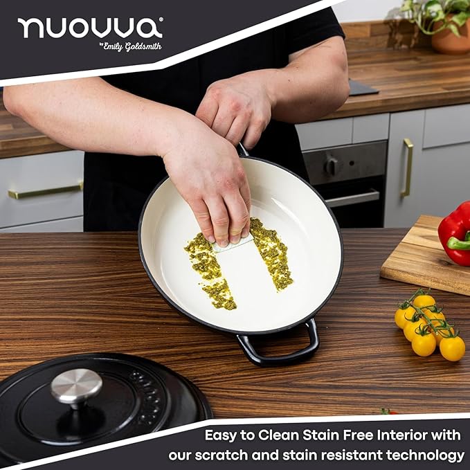 Shallow Cast Iron Casserole with Lid – Non Stick Dutch Oven Pot, Oven Safe up to 500° F – Sturdy Ovenproof Stockpot Cookware – Enamelled Cooking Pot – Black, 5-Quart, 32cm – by Nuovva