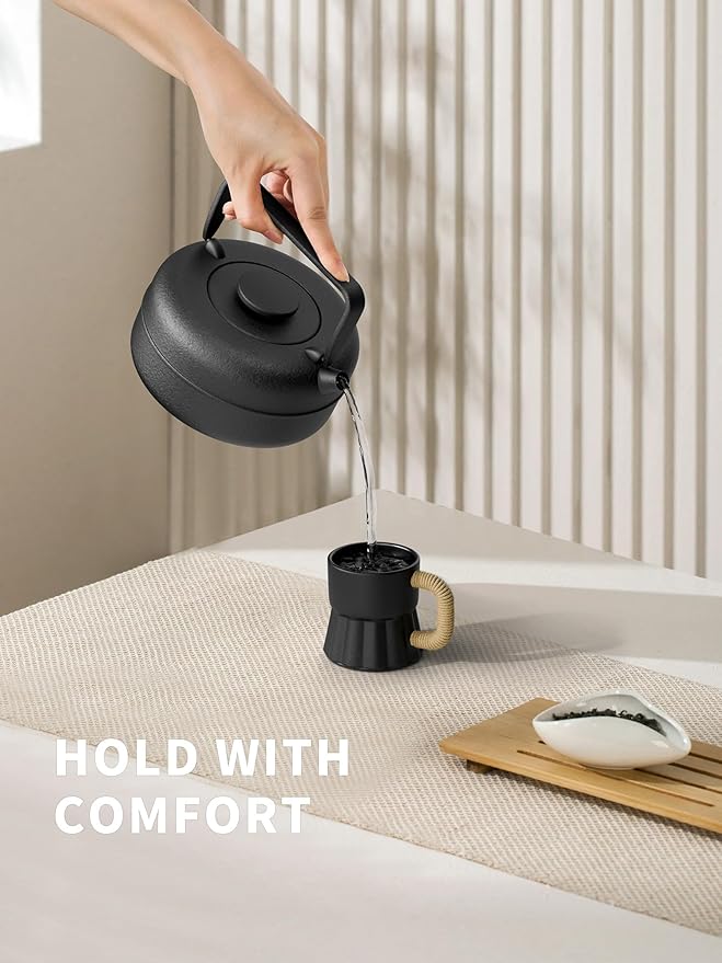 Toptier Teapot with Removable Infuser, Cast Iron Tea Kettle Stovetop Safe, Solid Geometry Cylinder Design Tea Pot Coated with Enameled Interior for 27 Ounce (800 ml), Black