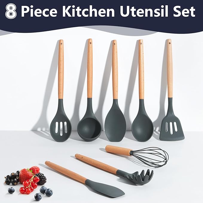 P&P CHEF Silicone Cooking Utensils Set, 8-Piece Kitchen Cooking Utensil with Wooden Handle, Silicone Spatula for Nonstick Cookware, Heat-proof & Easy Clean, Gray