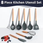 P&P CHEF Silicone Cooking Utensils Set, 8-Piece Kitchen Cooking Utensil with Wooden Handle, Silicone Spatula for Nonstick Cookware, Heat-proof & Easy Clean, Gray