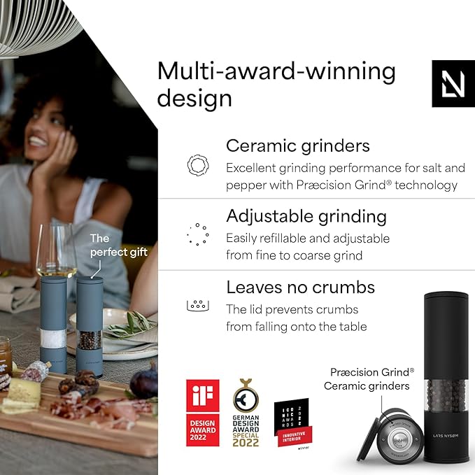 LARS NYSØM Salt and Pepper Grinder Set 2 pieces I Salt Pepper Mill with Adjustable Ceramic Grinder I Design Spice Grinder Set Manual (Carbon Black)