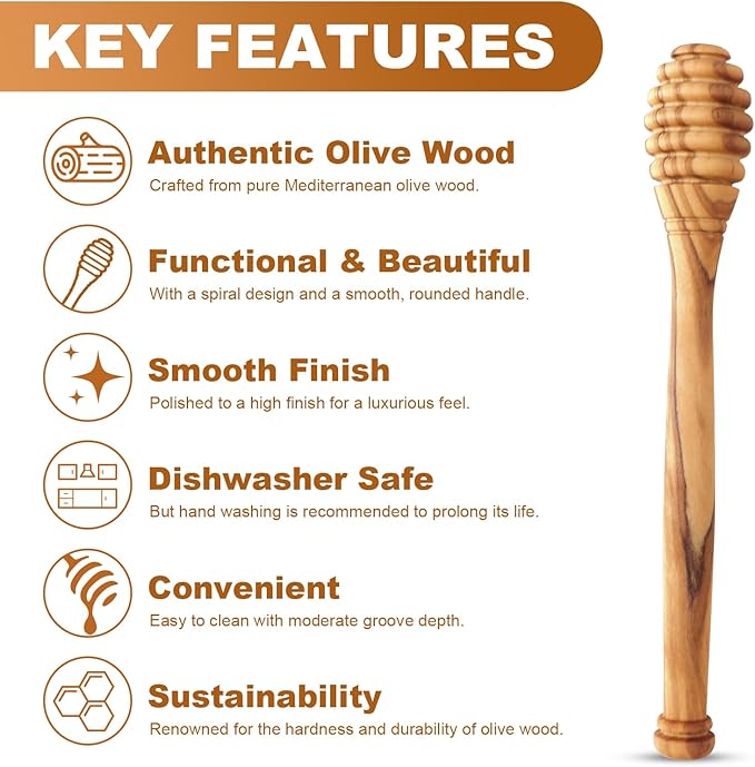 Traditional Olive Honey Dippers - Durable & Warp-Resistant, Preserves Honey Purity, 1pcs, 6.3 Inch