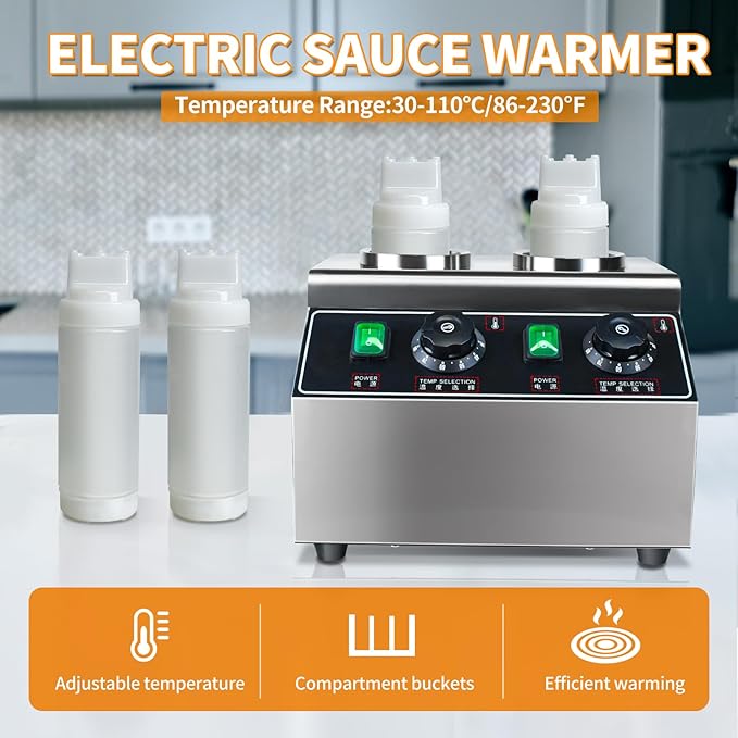 YOOKTEN Electric Sauce Bottle Warmer, 0.68x2 Qt Commercial Hot Fudge Warmer Hot Chocolate Warmer and Dispenser Nacho Cheese Warmer,86-185℉Sauce Warmer Dispenser,Double Bottles Nacho Cheese Warmer