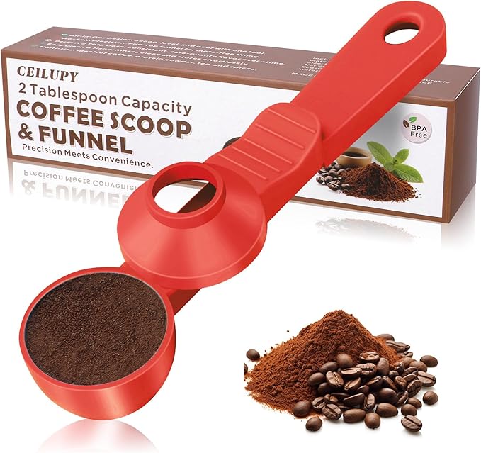 2-in-1 Coffee Scoop with Funnel, 2 Teaspoon Measuring Spoon for Reusable Pods, Ground Coffee, Protein Powder & Tea, Mess-Free Plastic Design (Red)