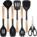 QMVESS Silicone Cooking Utensils Set, Kitchen Utensils Set 7 Pcs with Long Wooden Handle, Food Grade and Heat Resistant Large Silicone Spatula Set for Nonstick Cookware, BPA Free（Black）