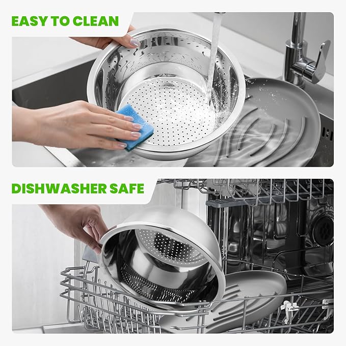 304 Stainless Steel Colander with Food-Grade Silicone Self-Draining Base, Coinicxcel 5QT Colander Strainer for Kitchen, Pasta Strainer for Washing Rice, Spaghetti, Vegetables, Fruit, Dishwasher Safe