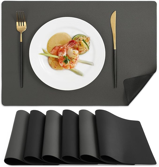 MOSAYT Vinyl Placemats Set of 6, Heat Resistant Place Mats 100% Waterproof Washable & Wipeable Faux Leather Reversible Table Mats for Kitchen Dining Party Indoor Outdoor, 12" x 17", Grey/Black