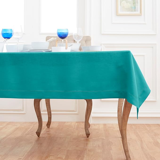 Solino Home Linen Tablecloth 60 x 156 Inch - Classic Hemstitch 100% Pure Linen Teal Table Cloth for Rectangle Tables - Machine Washable Tablecloth for Fall, Autumn