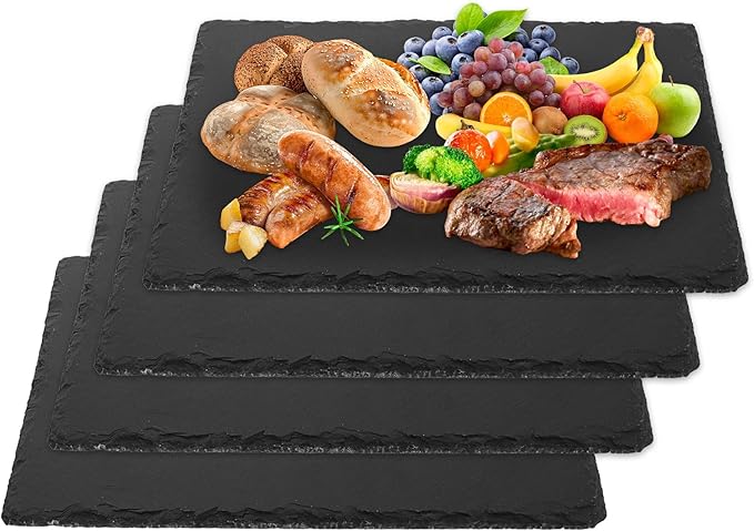 4 PCS 12x8 Inch Slate Cheese Board - Natural Black Stone Slate Charcuterie Boards Serving Tray - Gourmet Serving Platter Tray for Meat Cheese Sushi Bread Pastry Appetizers