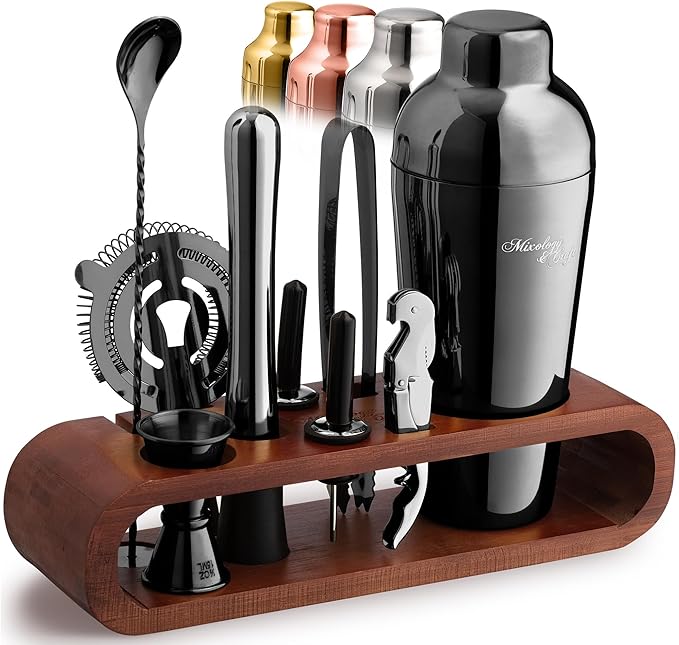 Mixology Bartender Kit: 10-Piece Bar Tool Set with Mahogany Stand | Perfect Home Bartending Kit and Martini Cocktail Shaker Set for a Perfect Drink Mixing Experience | Housewarming Gift (Gun-Metal)