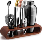 Mixology Bartender Kit: 10-Piece Bar Tool Set with Mahogany Stand | Perfect Home Bartending Kit and Martini Cocktail Shaker Set for a Perfect Drink Mixing Experience | Housewarming Gift (Gun-Metal)