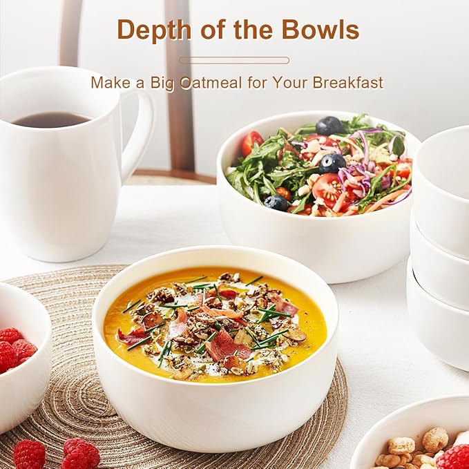 Jassceram Ceramic Soup Bowls Set of 4, 30 Oz Salad Bowls for Kitchen, White Serving Bowl for Cereal, Oatmeal, Fruit, Suitable for Kitchen or Dining - Dishwasher & Microwave Safe, 6 Inch, White
