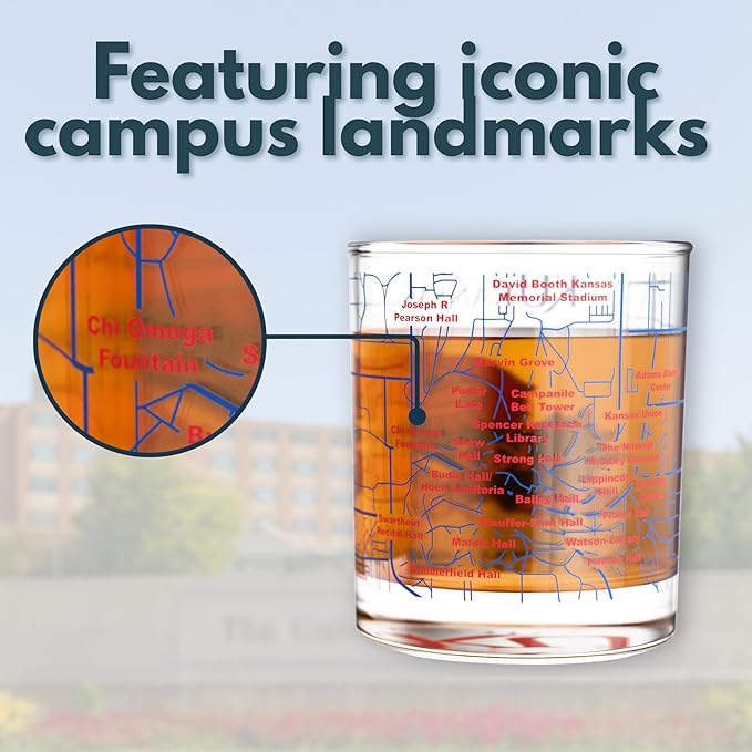 Greenline Goods – University of Kansas Jayhawks College Whiskey Glasses (Set of 2), 10 oz – Full-Color Logo + Campus Map