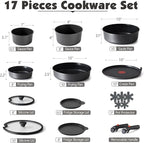 SENSARTE 17 Piece Pots and Pans Set, Nonstick Detachable Handle Cookware Set, Induction Thermo-Signal Cookware Set with Removable Handle, Healthy Non Stick for RV, Dishwasher ＆ Oven Safe (Black)
