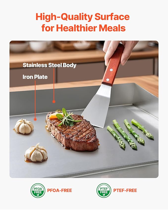 VEVOR Commercial Electric Griddle, 25.79 x 15.75 inch, 2800W, 122-570°F Adjustable Temp Control, Stainless Steel Body, Full Flat, with 2 Spatulas, 2 Brushes, and 4 Foot Pads, for Steak, Pancake