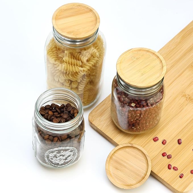8 Pack Bamboo Regular Mouth Mason Jar Lids Canning Supplies Small Mouth Mason Jars Tops Accessories Decorative Reusable Wooden Silicone Canning Lids Glass Cups with Wood Airtight Lid for Jar Covers