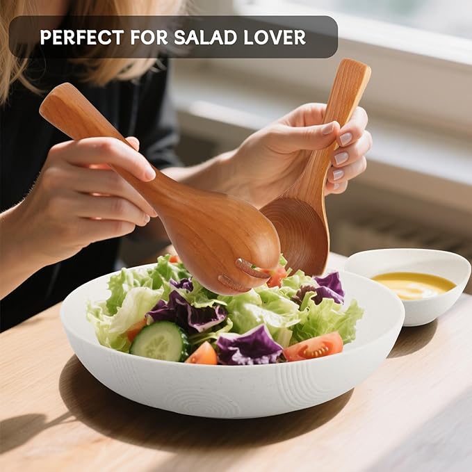 Large Serving Bowls Set 6 Pack- Wheat Straw Salad Bowls 65oz with Wood Salad Servers and 10oz Sauce Bowl- Unbreakable Salad Bowl with Serving Utensils for Party, Family- White