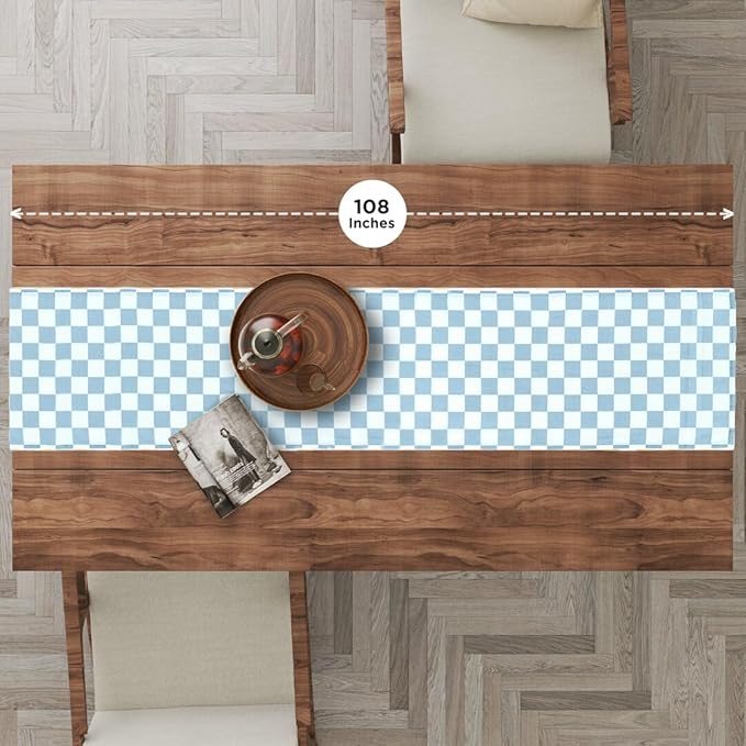 Folkulture Table Runner | Fall Table Runners 90 inches Long | Checkered Boho Table Runners for Farmhouse Decor or Table Decorations for Party | White and Blue Table Runner for Fall Decor