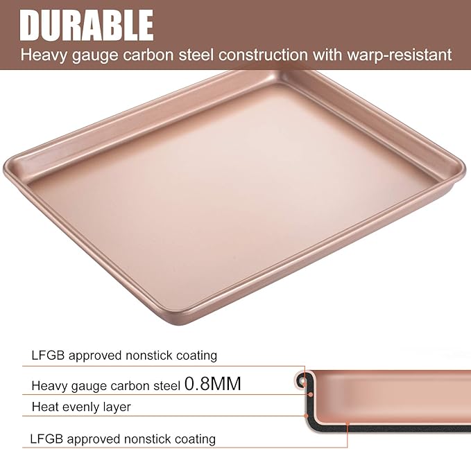 Heavy Duty Baking Sheets for Toaster Ovens - 12.5x10.5 Inch Nonstick Cookie Pan Set (0.8mm 2X Thicker Carbon Steel) Warp & Rust Proof, PFOA Free -Champagne Gold Trays