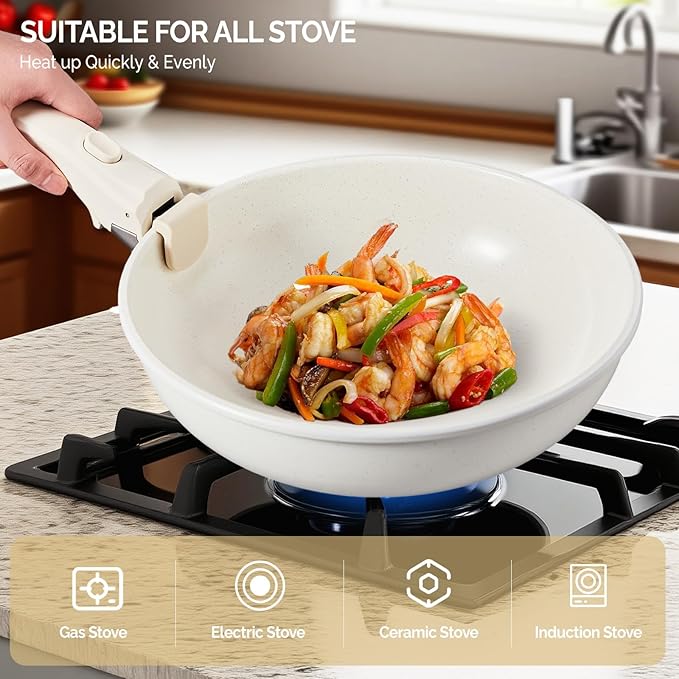 ROVSUN 19 Pcs Nonstick Pots and Pans Set, Cast Aluminum Kitchen Cookware Set with Detachable Handles, RV Kitchen Cooking Set and Utensils, Dishwasher Safe, PFAS PFOA & PFOS Free, Cream White