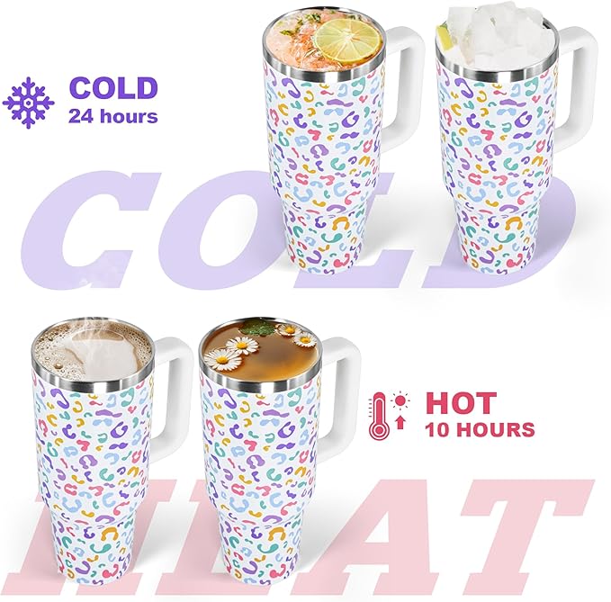 sweet grain 40 oz Tumbler with Handle and Straw, Keeps Drinks Cold Up to 24 Hours Leopard Tumbler, Stainless Steel Vacuum Insulated Travel Mugs for Water, Iced Tea or Coffee(Colorful)