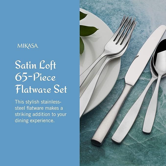 Mikasa Satin Loft 65-Piece Flatware Set for 12, 18/10 Stainless Steel Silverware with Forks, Knives, Spoons, and Serving Utensils, Durable and Elegant Design