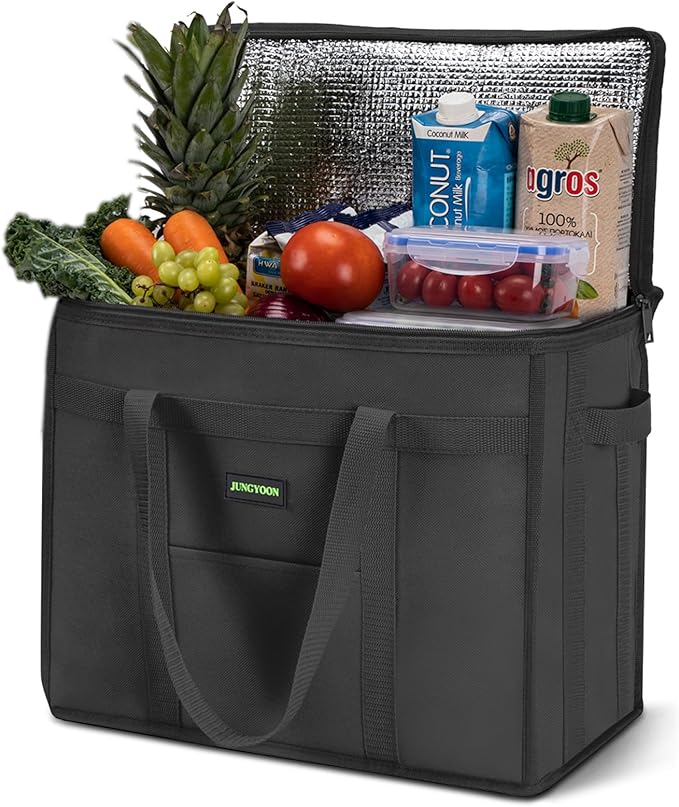 JUNGYOON Heavy-Duty Insulated Grocery Bags & Food Delivery Bag – Collapsible Cooler Bag with Zippered Top | Reusable Picnic Basket for Groceries, Picnics, Easy Storage (L Black)