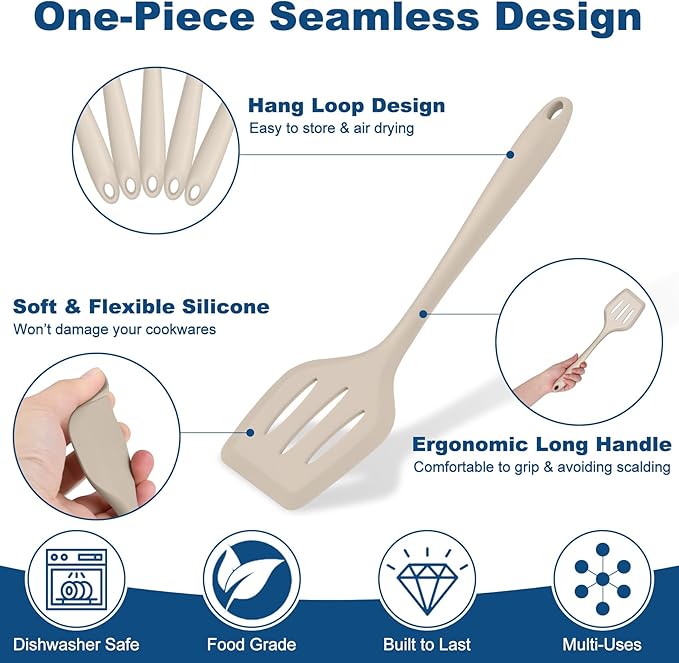 TeamFar Silicone Cooking Utensils, 7 PCS Heat Proof Kitchen Utensils Set, Kitchen Tools Spatula Turner Ladle Spoon Pasta Fork for Nonstick Cookware, Non-Toxic & Dishwasher Safe, Khaki