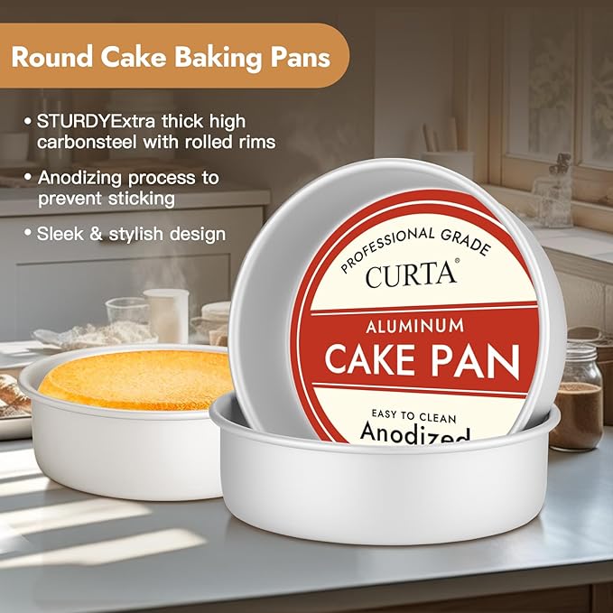 CURTA 10 Inch Round Cake Pan, 10x3 inch 2 Set Anodized Aluminum Round Baking Pan, Small Cake Pan Non-Toxic & Heavy Duty, Deep Side, Easy Clean & Dishwasher Safe