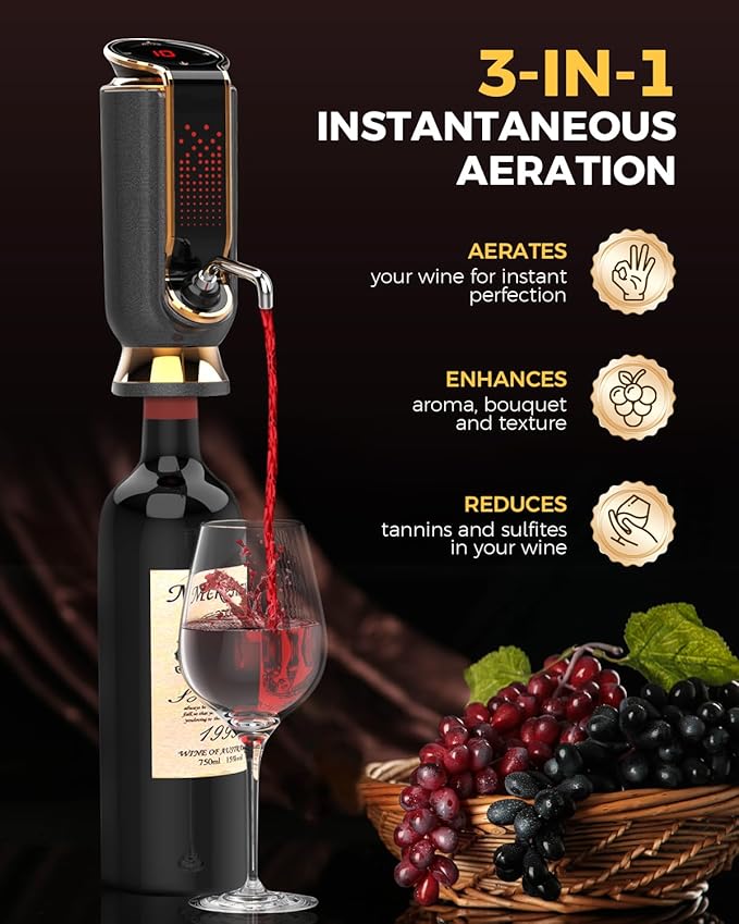 Luxurious 3-in-1 Electric Wine Aerator, Decanter, Dispenser & Vacuum Pump. Touch Screen LED Display - Wine Preservation System with Temp Monitor, Gift for Wine Lovers Women Men (Black)