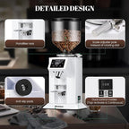 Huanyu Commercial Coffee Grinder with 74mm Flat Burr Reinforced 53oz Bean Hopper (40% Thicker), 15 Stepless Grinds, Touch Screen White