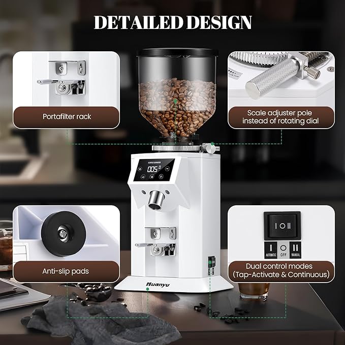 Huanyu Commercial Coffee Grinder with 74mm Flat Burr Reinforced 53oz Bean Hopper (40% Thicker), 15 Stepless Grinds, Touch Screen White