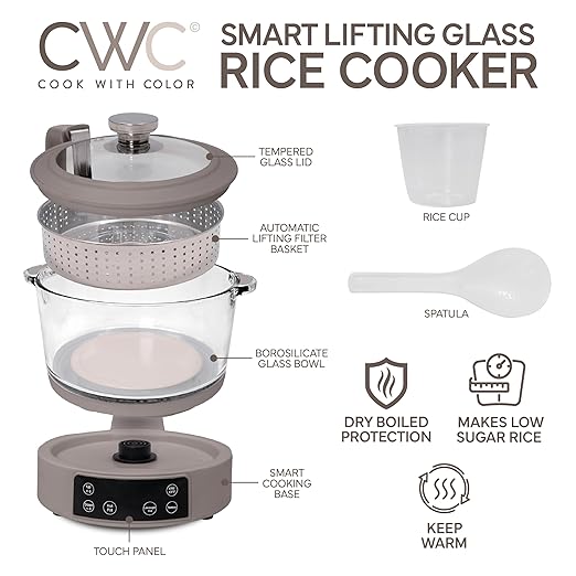 COOK WITH COLOR 3L Glass Low Carb Rice Cooker - Makes 6 Cups Cooked Low Sugar Rice with Auto Lift Filter Basket, Hotpot & Steamer for Rice, Grains and Oats, Digital Panel with Keep Warm, Greige