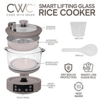 COOK WITH COLOR 3L Glass Low Carb Rice Cooker - Makes 6 Cups Cooked Low Sugar Rice with Auto Lift Filter Basket, Hotpot & Steamer for Rice, Grains and Oats, Digital Panel with Keep Warm, Greige