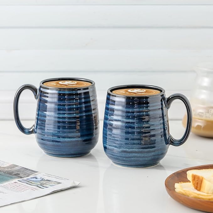 20 oz Stoneware Coffee Mugs, Large Ceramic Coffee Cups Set of 2 for Tea Soup Cereal Cocoa, Pottery Mugs for Office and Home, Unique Latte Cups for Men/Women Gift, Blue