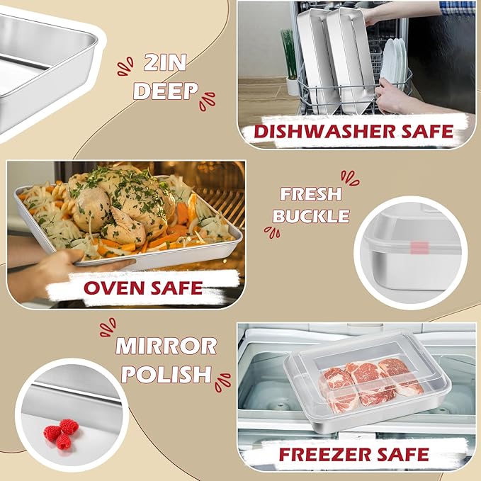 Leonyo Baking Pan with Lid Set of 2, 12⅓ x 9¾ x 2 Inch Rectangular Cake Pan, Refrige & Oven Safe Stainless Steel Deep Lasagna Pan Tray for Focaccia, Bread, Brownies, Casseroles