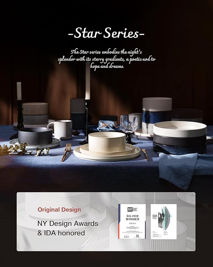 famiware Star 8.25" Pasta Bowls, Large Dinner Bowls Set of 4, Salad Bowl Plates, Shallow Bowls for Eating, Dark Charcoal & White Full Glaze Matte