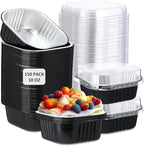 Aoriher 150 Pieces 10 oz Mini Cake Pans with Lids Aluminum Foil Baking Cups Square Disposable 4" x 4" Large Cupcake Cups Baking Tins for Kitchen Brownie Pudding Desserts Holders(Black)