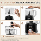 Food Processor and Vegetable Chopper 600W BPA Free 12-Cup Bowl, French-Fry-Cutter, 6.8oz Grinder for Cheese Grating, Ice Creshing, Chopping, Shredding, Slicing, Mixing and Doughing, 2+P Speeds