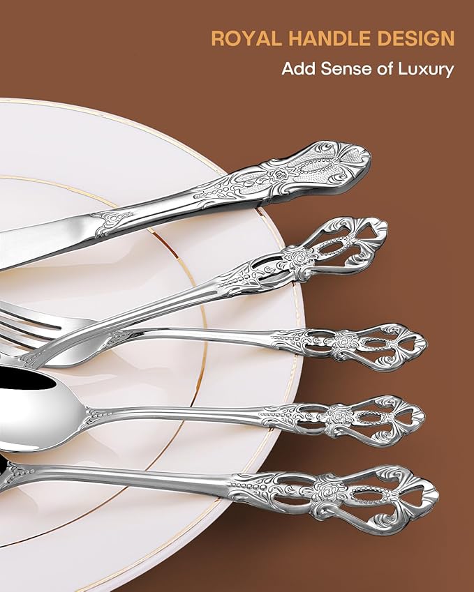 EUIRIO 48 Pieces Royal Silverware Set for 8, Gorgeous Retro Flatware Set with Steak Knives, Premium Stainless Steel Vintage Cutlery Utensils Set with Forks Spoons and Knives, Dishwasher Safe
