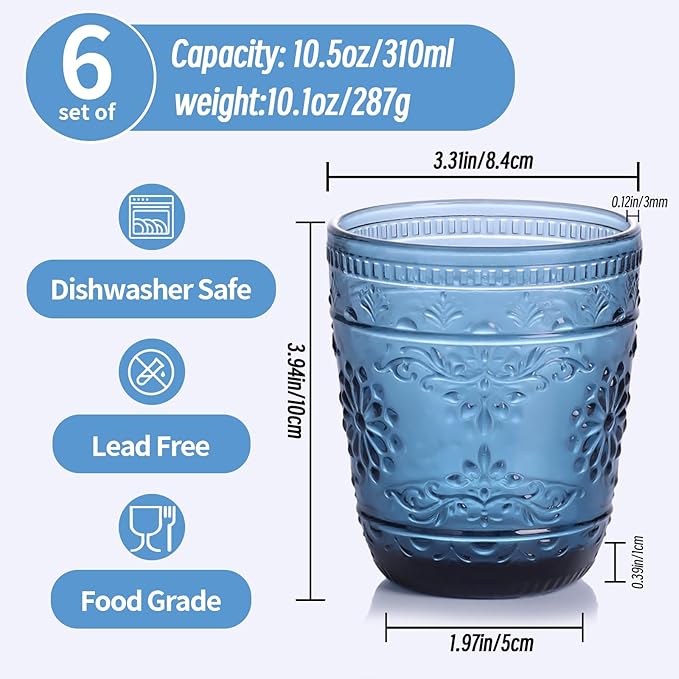 Blue Glassware set of 6, 10OZ Drinking Glasses, Blue Heavy Duty Glass Cups, Old Fashioned Glass, Embossed Glasses Set for Party Wedding Home Office Glassesware Gift