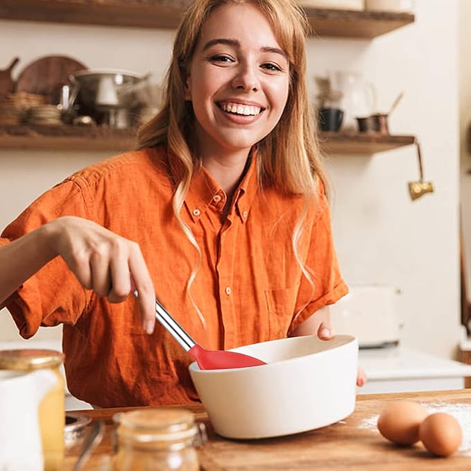 Pack of 4 Large Silicone Cooking Spatulas and Spoons, Slotted and Solid Stainless Steel Cooking Utensils Set, Non-stick Heat Resistant Kitchen for Baking, Fried, Stir-Fry, Mixing, Serving (Red)