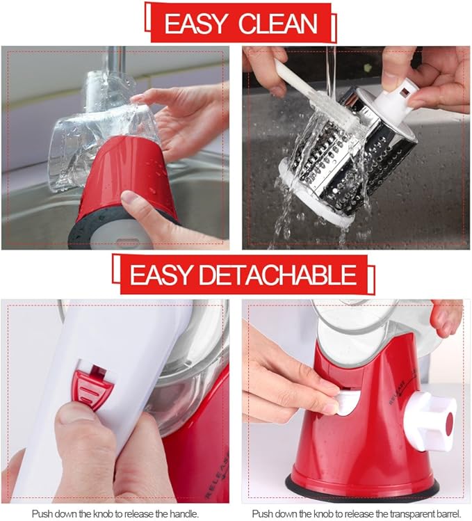 Cambom Rotary Cheese Grater Hand Crank Cheese Shredder for Fresh Cheese, Vegetable, Nuts,Non-slip Suction Base, Free Cleaning Brush Three Blades, Red