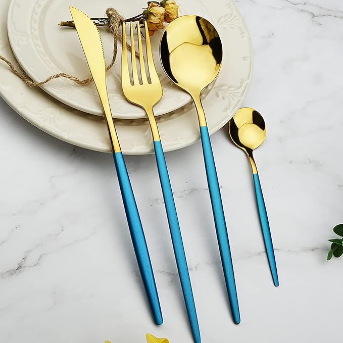 24Pcs Gold Mirror Silverware Flatware With Blue Handle, 18/0 Stainless Steel Cutlery Set Utensils Kitchen Dinnerware Include Knife Fork Spoon and Teaspoon, Service for 4
