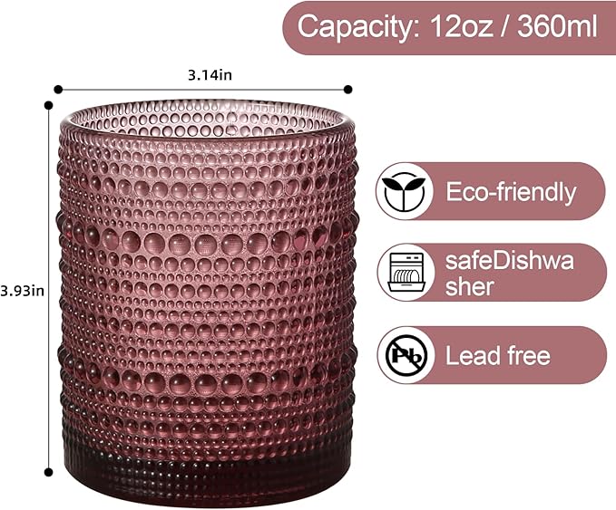 Vintage Glassware Drinking Glasses Set of 6,12 oz Hobnail Glass Cups,Embossed Purple Water Tumbler,for Beer,Cocktail,Whiskey,Juice and Various Mixed Drinks- 1 Cleaning Brush