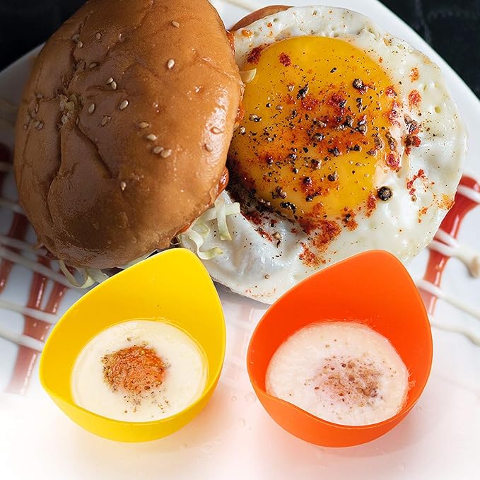 Egg Poacher - KRGMNHR Poached Egg Cooker with Ring Standers, Silicone Egg Poacher Cup for Microwave & Stovetop Egg Poaching, Oil Brush, BPA Free, 4 Pack
