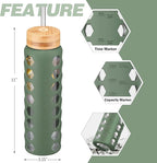 MUKOKO Glass Water Bottles, 32oz Glass Tumbler with Straw, Drinking Bottles with 2 Lids-Handle Spout Lid&Bamboo Straw Lid, Motivational Water Bottle with Time Marker and Silicone Sleeve, 1 Pack-Olive